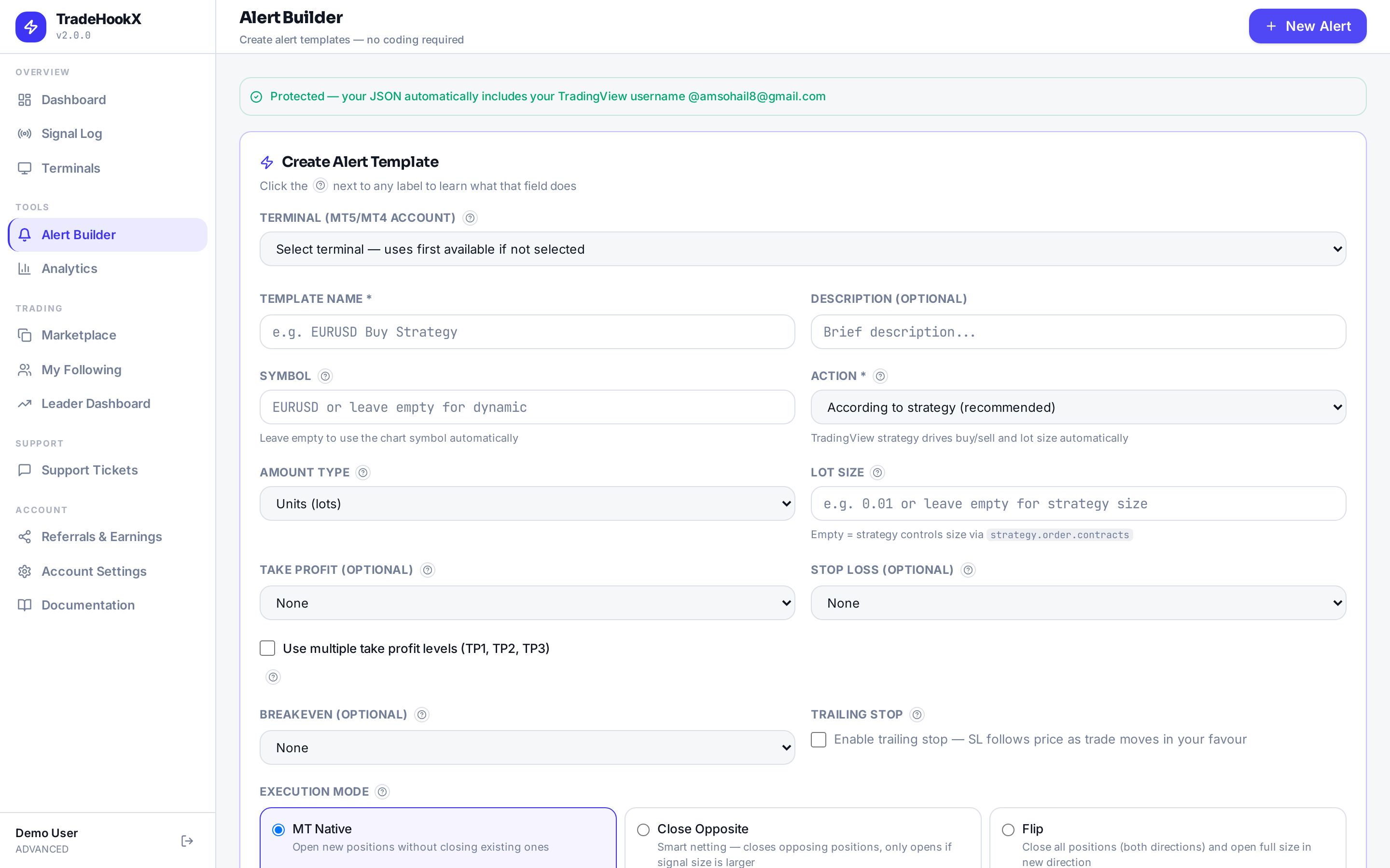 The Alert Builder form