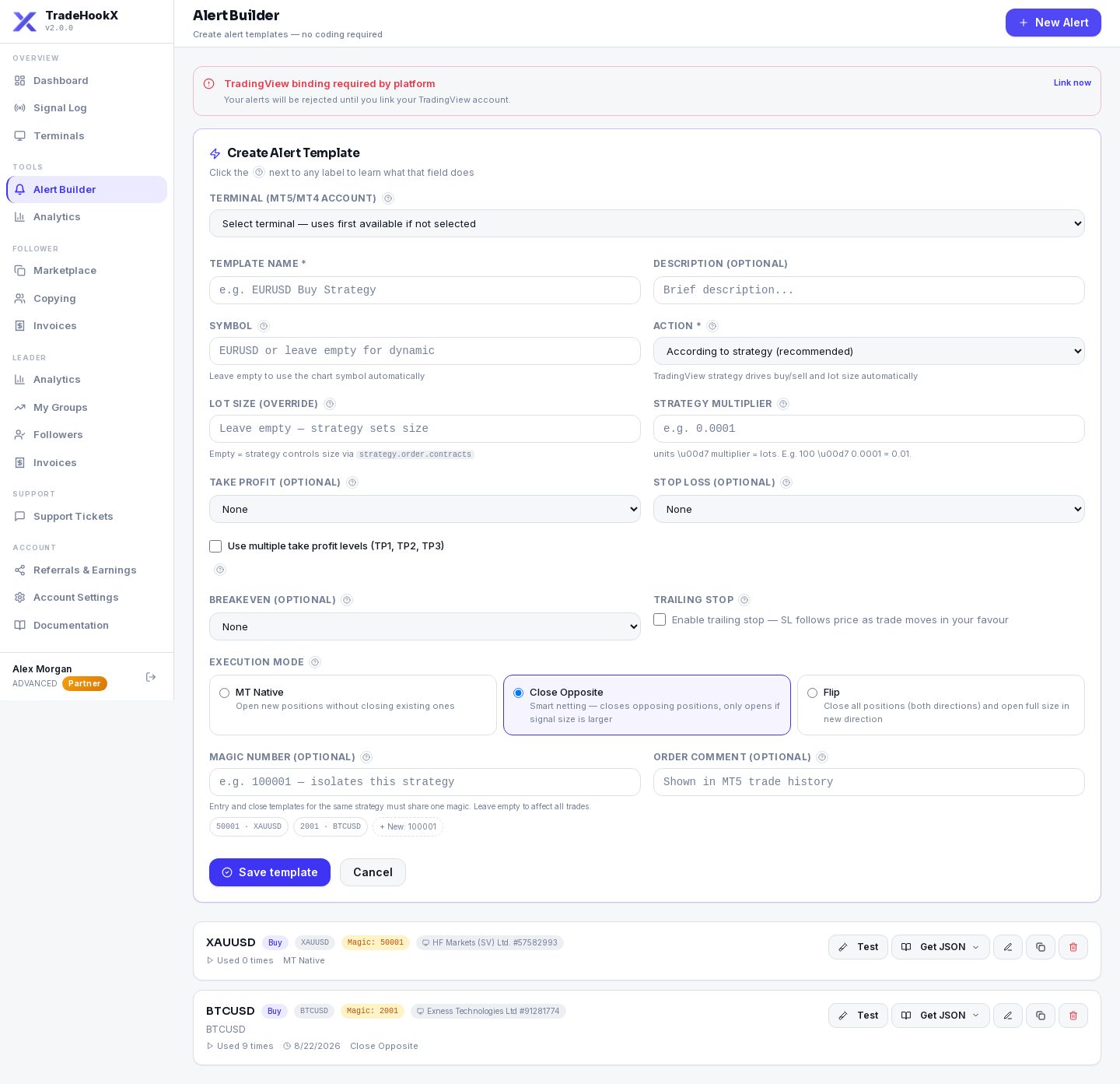 The Alert Builder form