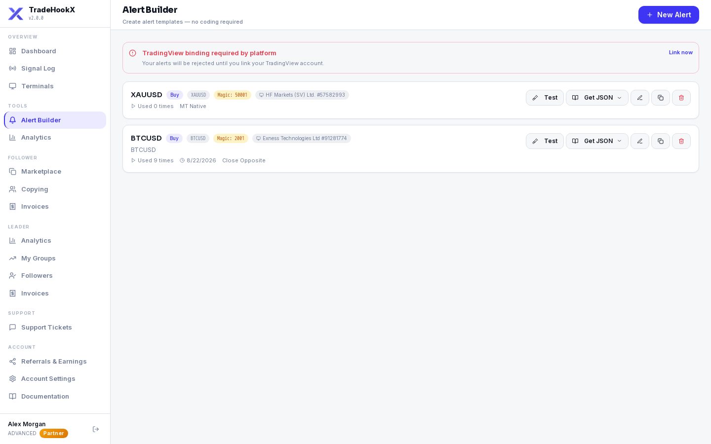 The list of saved alert templates