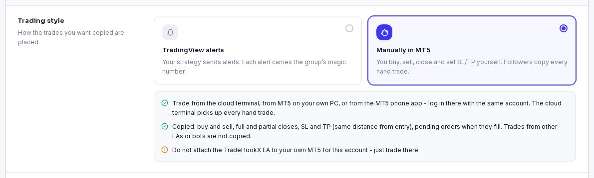 The create group form for a manual trading group